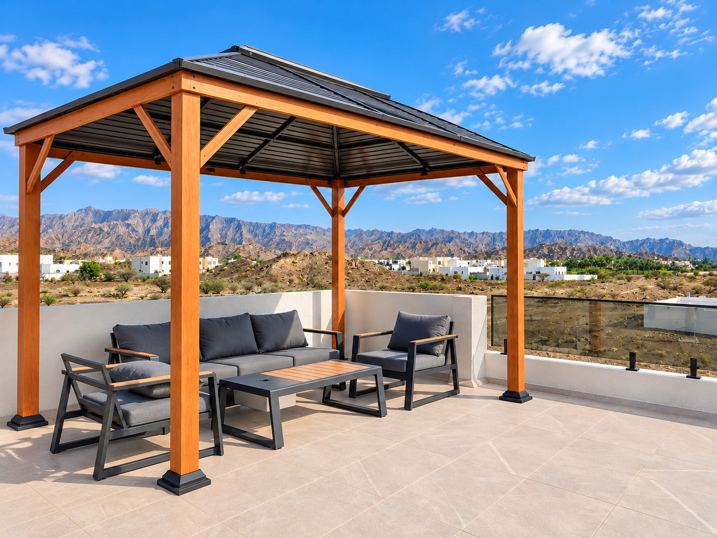 Shaded rooftop seating overlooking the mountains