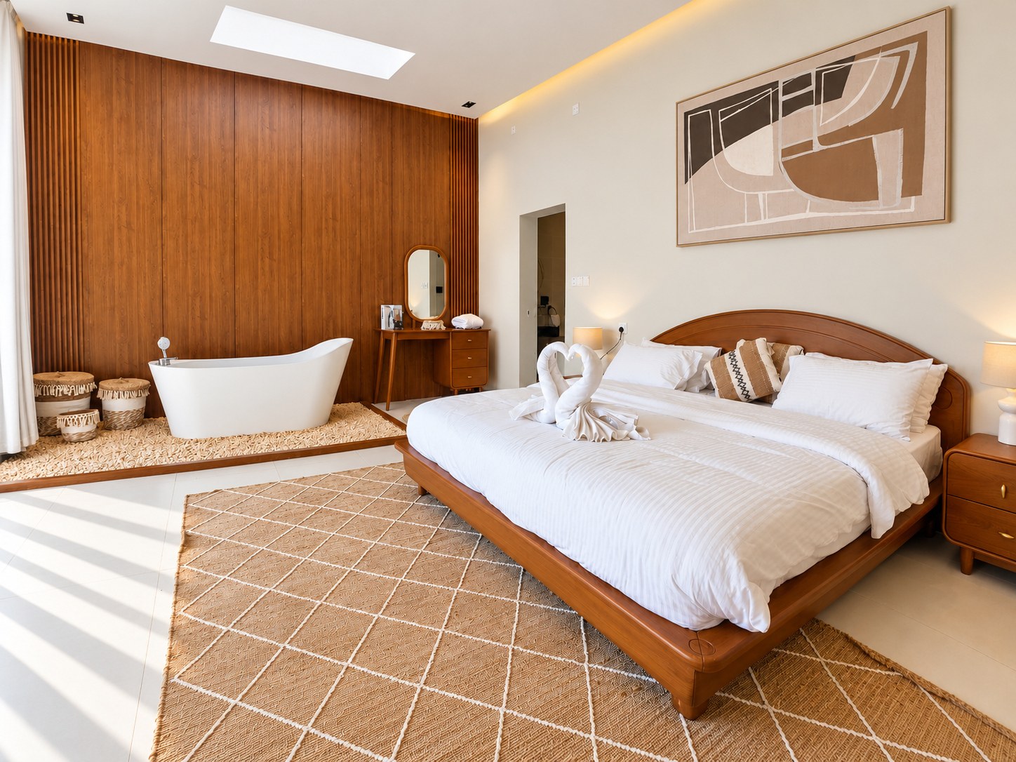 Kenaz double suite with wooden bed, freestanding bath and warm stone floor