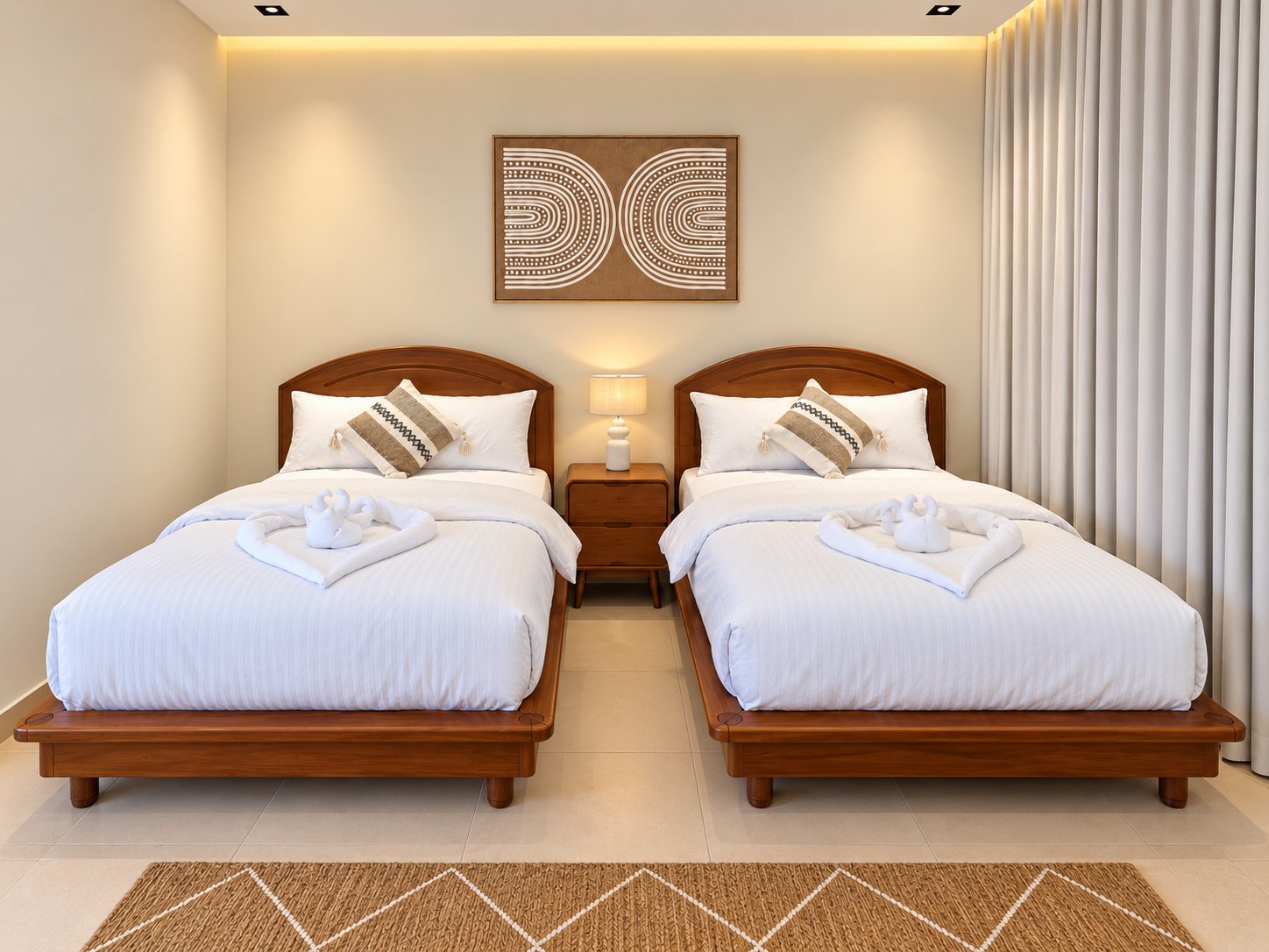 Kenaz twin bedroom with two timber beds, white linen and warm lighting